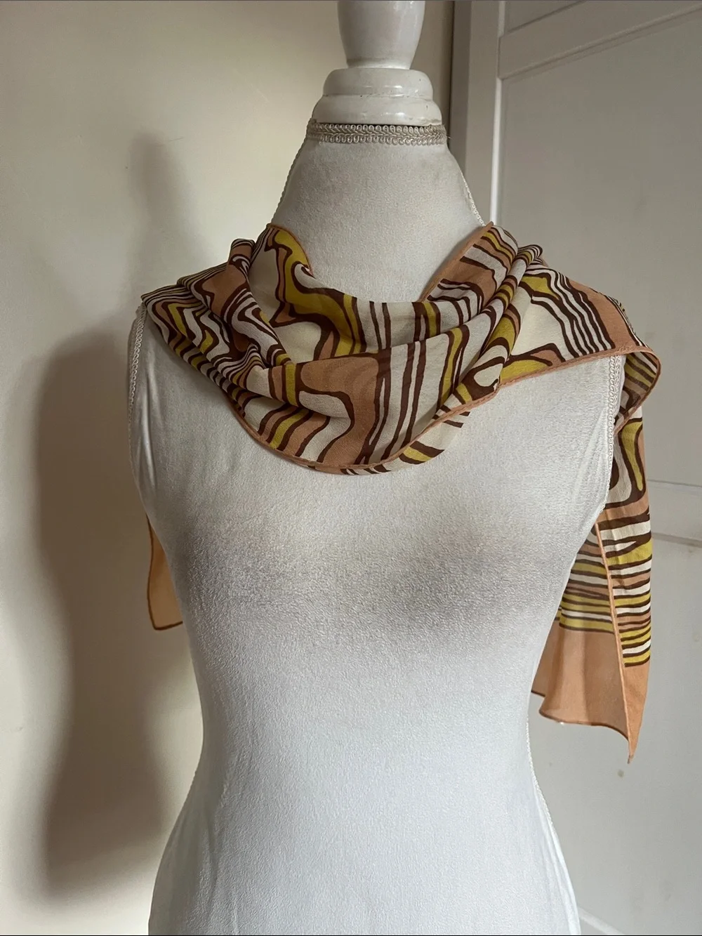Vintage 1970s Psychedelic Swirl Scarf Earth Tone Brown Yellow Rayon Japan